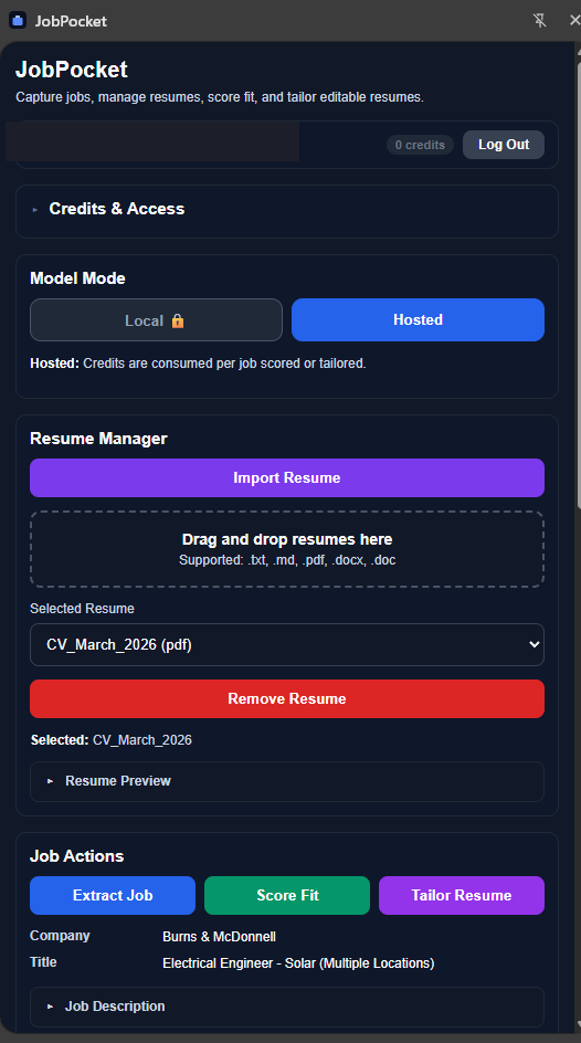 JobPocket extension showing resume manager and job actions